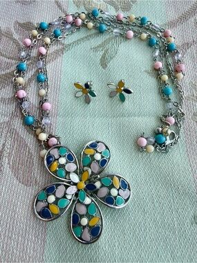 Two-Strand Beaded Flower Pendant Necklace and Earrings - Pink Blue Yellow Cream